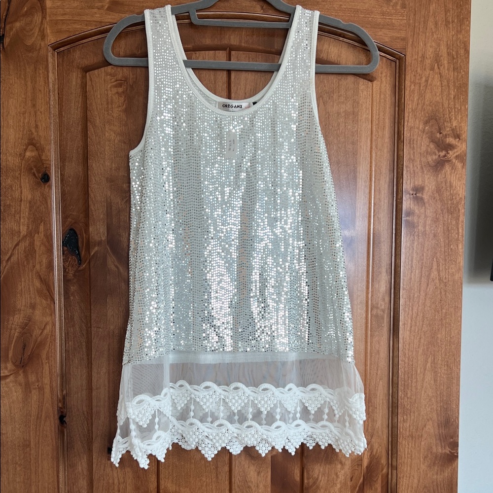 Silver Sequin Tank Top with Lace Hem